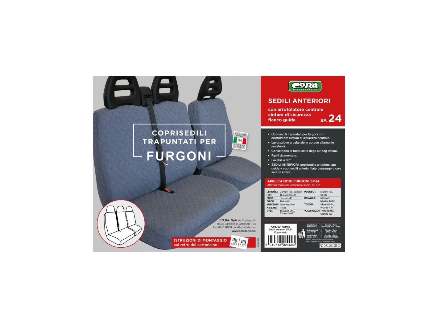 Coprisedili per furgoni tg. SP24 tess. cotone trapuntato avio